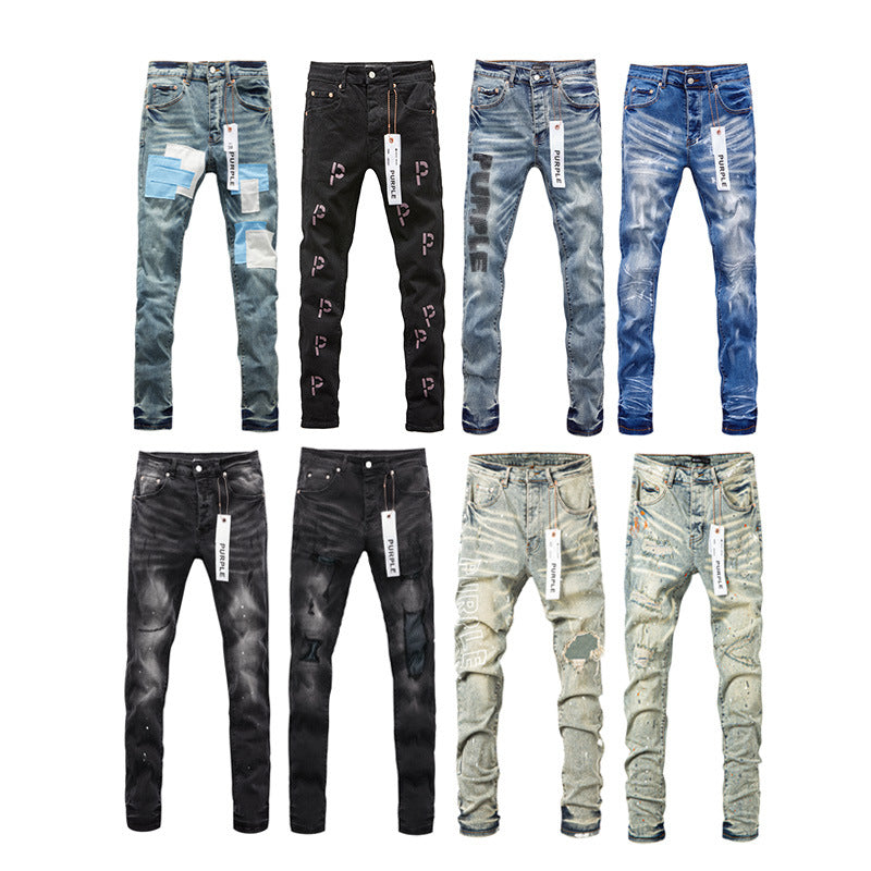 Wholesale High Quality Branded Streetwear Pants Slim Fit Mid Straight Moustache Effect Distressed Wash Purple Men's Jeans