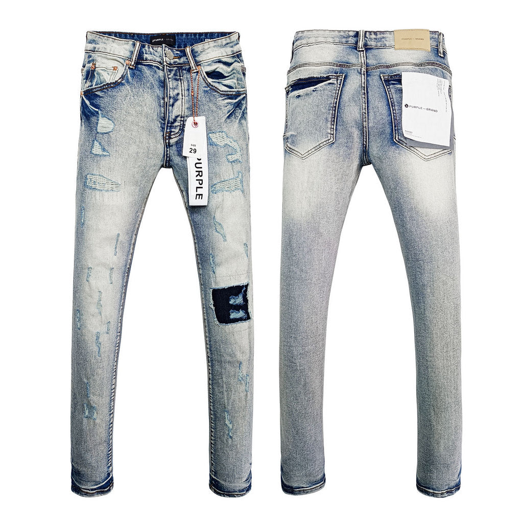 Wholesale High Quality Branded Streetwear Pants Slim Fit Mid Straight Moustache Effect Distressed Wash Purple Men's Jeans