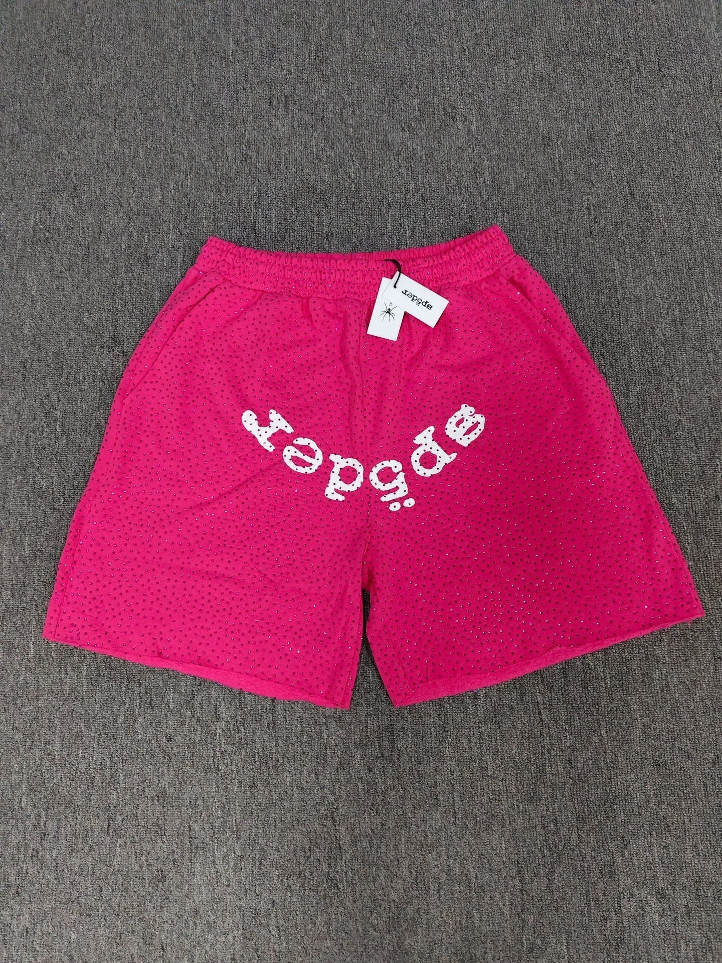 Men's Sp5der Rhinestone Graphic Oversized Shorts, Streetwear Y2K Casual Summer Shorts