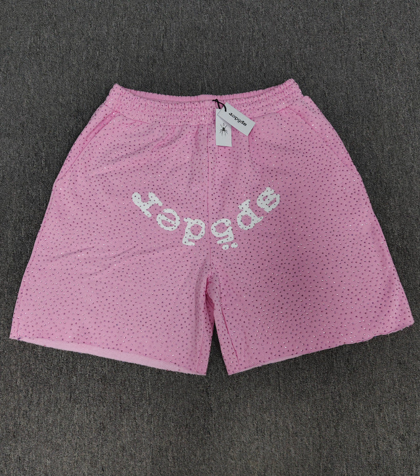Men's Sp5der Rhinestone Graphic Oversized Shorts, Streetwear Y2K Casual Summer Shorts