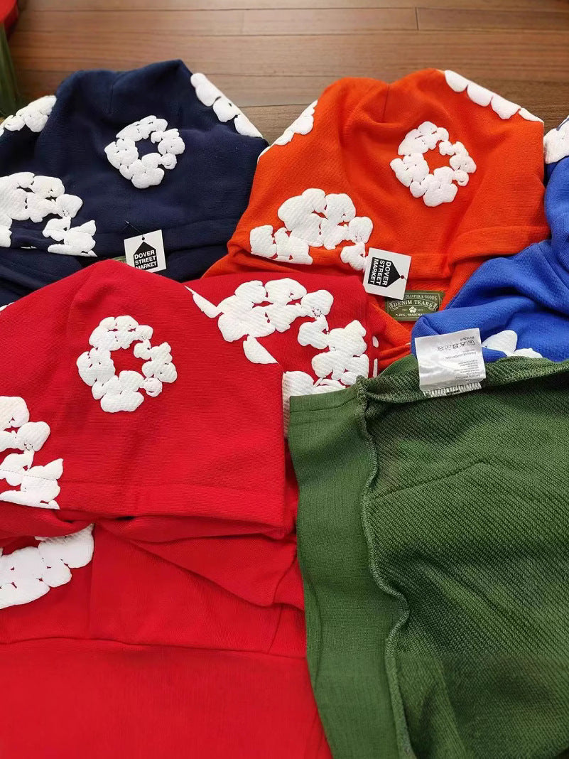 Top Quality 100% Cotton Men's Clothing Tears Hoodies Sweatshirts 430gsm Streetwear Tracksuits Denim Puff Printing Hoodie for Men