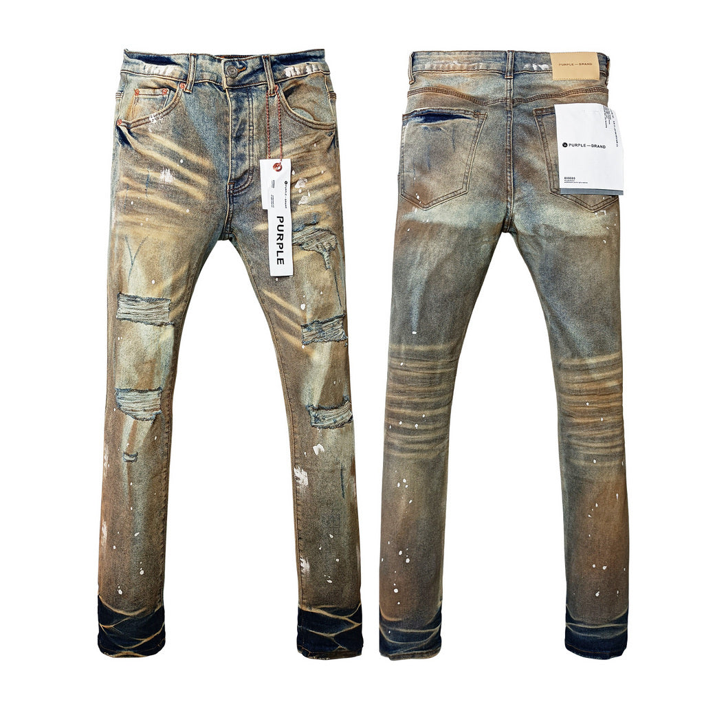 Wholesale High Quality Branded Streetwear Pants Slim Fit Mid Straight Moustache Effect Distressed Wash Purple Men's Jeans