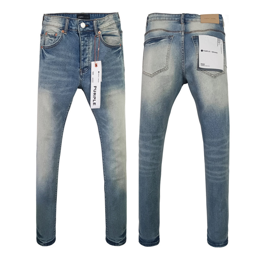 Wholesale High Quality Branded Streetwear Pants Slim Fit Mid Straight Moustache Effect Distressed Wash Purple Men's Jeans