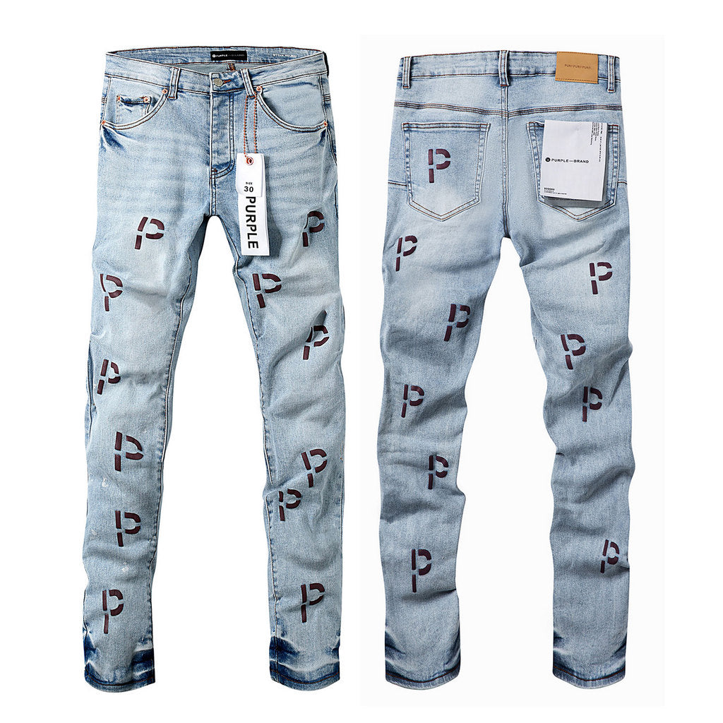 Wholesale High Quality Branded Streetwear Pants Slim Fit Mid Straight Moustache Effect Distressed Wash Purple Men's Jeans