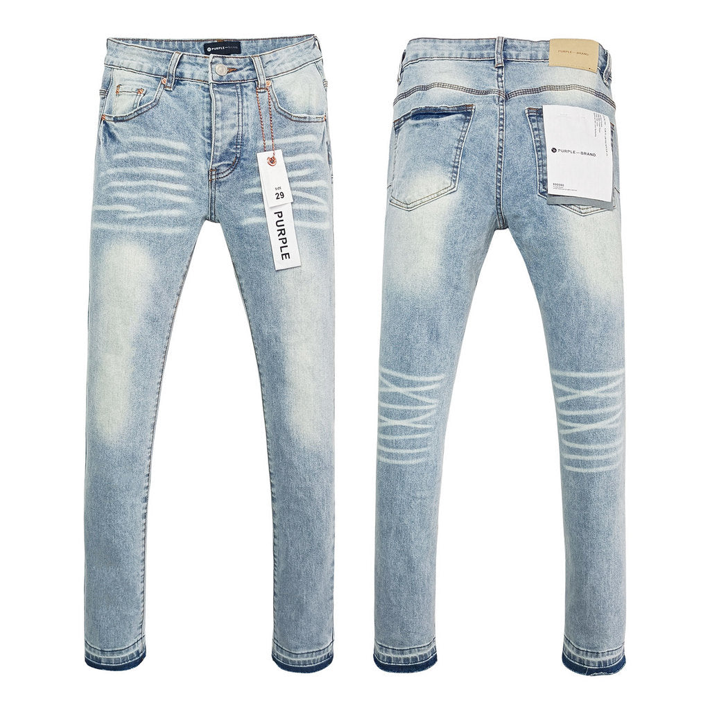 Wholesale High Quality Branded Streetwear Pants Slim Fit Mid Straight Moustache Effect Distressed Wash Purple Men's Jeans