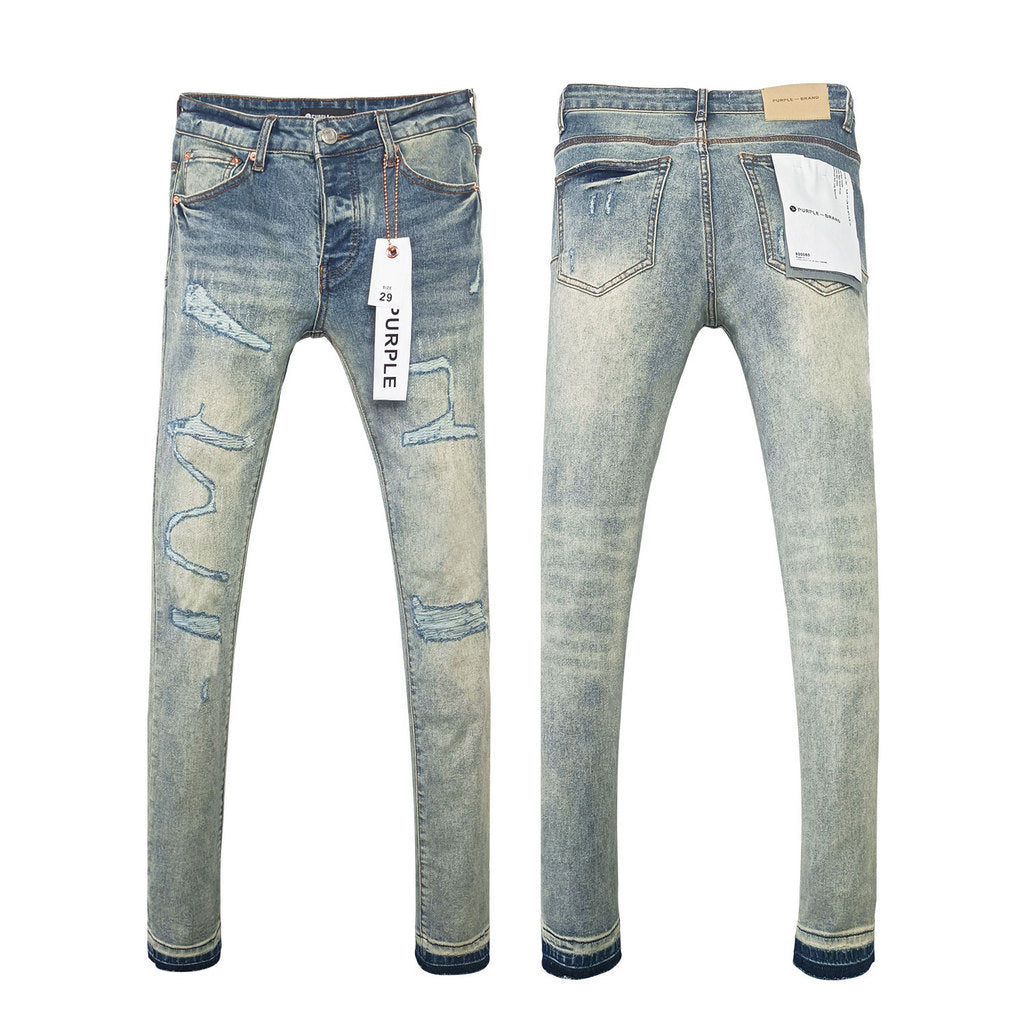 Wholesale High Quality Branded Streetwear Pants Slim Fit Mid Straight Moustache Effect Distressed Wash Purple Men's Jeans
