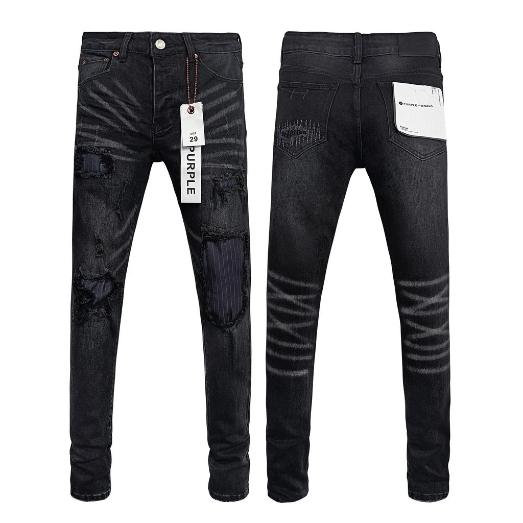Wholesale High Quality Branded Streetwear Pants Slim Fit Mid Straight Moustache Effect Distressed Wash Purple Men's Jeans