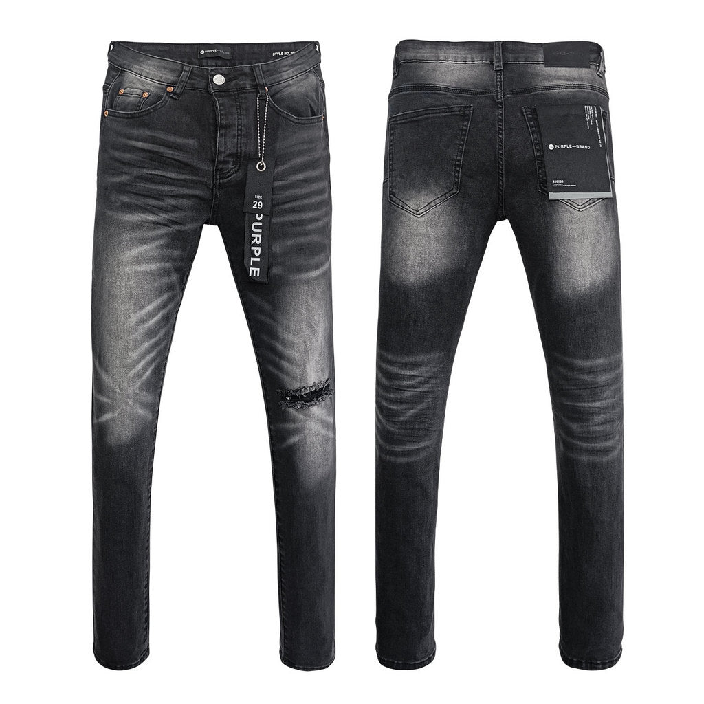 Wholesale High Quality Branded Streetwear Pants Slim Fit Mid Straight Moustache Effect Distressed Wash Purple Men's Jeans