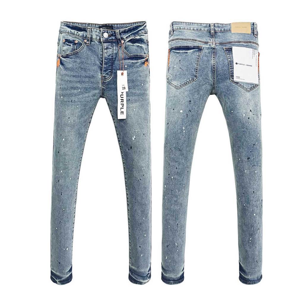 Wholesale High Quality Branded Streetwear Pants Slim Fit Mid Straight Moustache Effect Distressed Wash Purple Men's Jeans