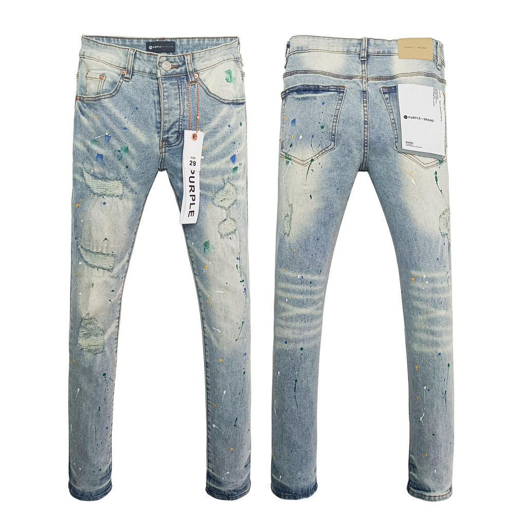 Wholesale High Quality Branded Streetwear Pants Slim Fit Mid Straight Moustache Effect Distressed Wash Purple Men's Jeans