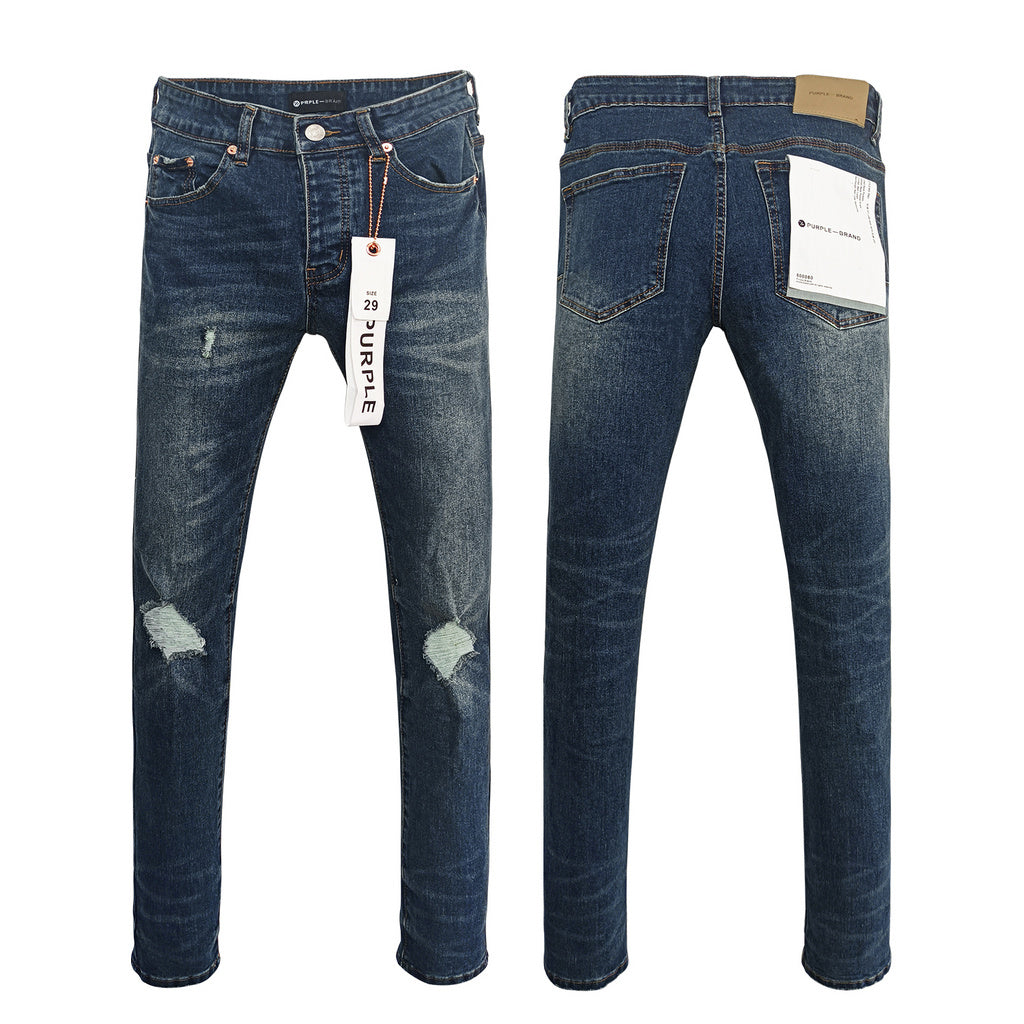 Wholesale High Quality Branded Streetwear Pants Slim Fit Mid Straight Moustache Effect Distressed Wash Purple Men's Jeans