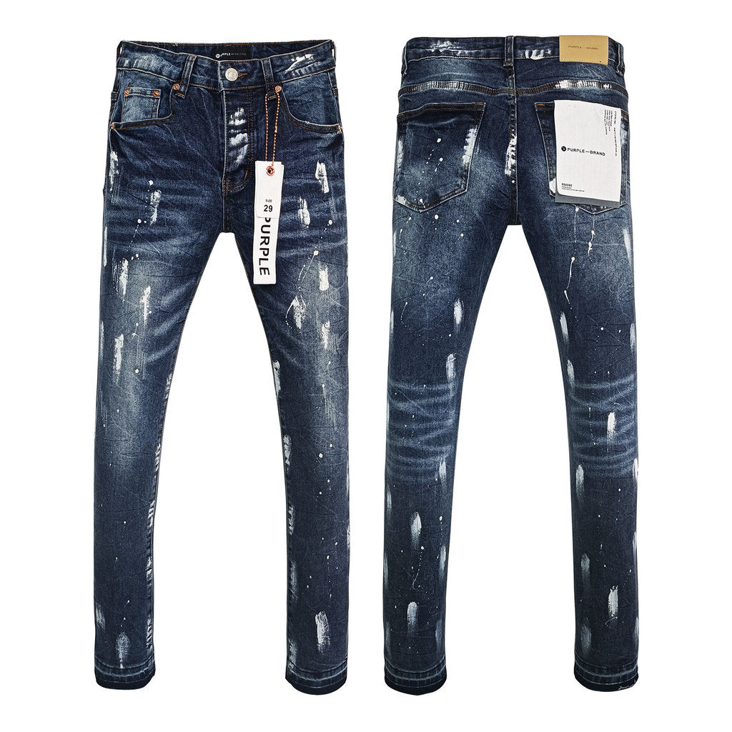 Wholesale High Quality Branded Streetwear Pants Slim Fit Mid Straight Moustache Effect Distressed Wash Purple Men's Jeans