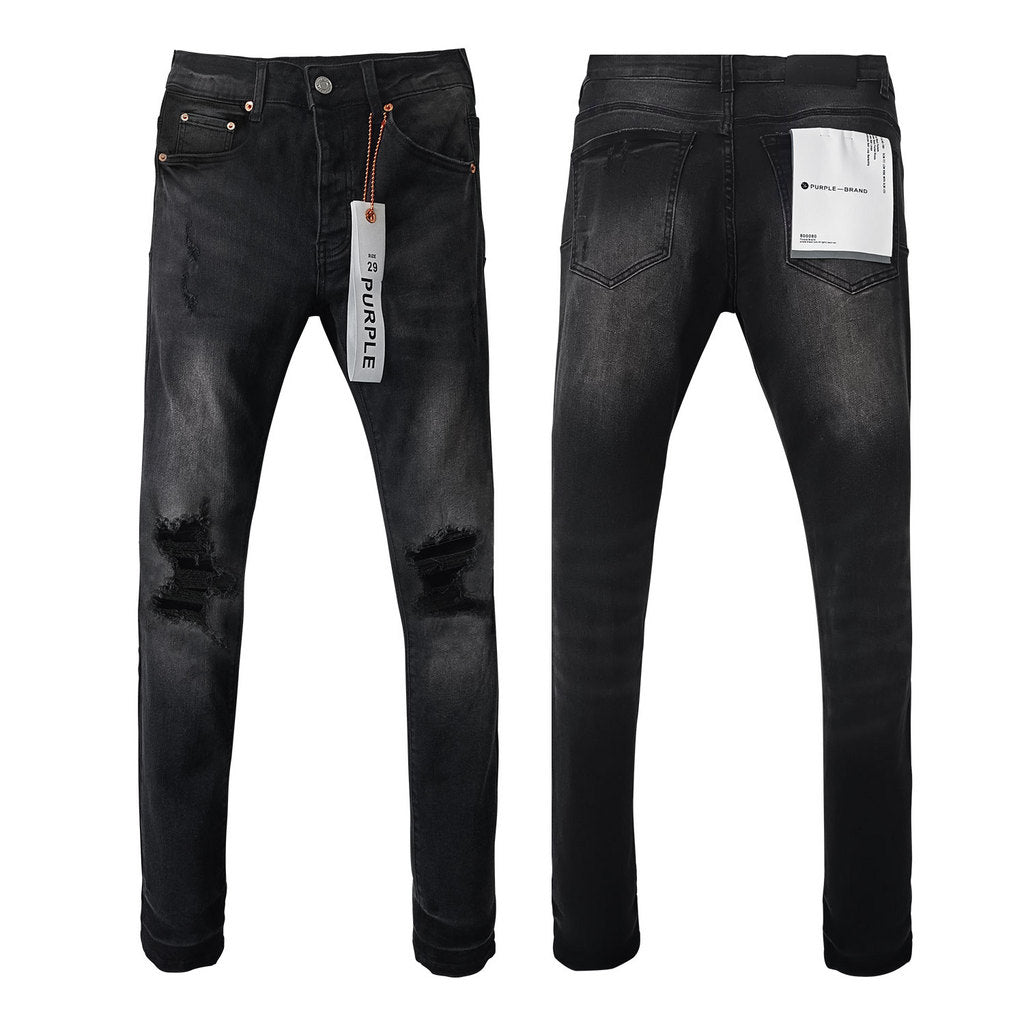 Wholesale High Quality Branded Streetwear Pants Slim Fit Mid Straight Moustache Effect Distressed Wash Purple Men's Jeans