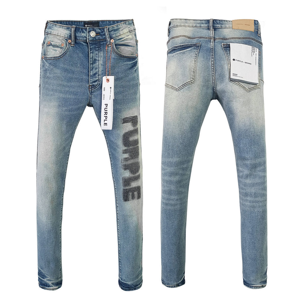 Wholesale High Quality Branded Streetwear Pants Slim Fit Mid Straight Moustache Effect Distressed Wash Purple Men's Jeans